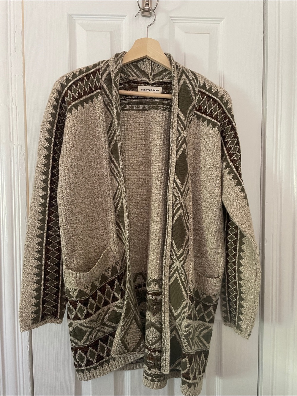 Lucky Brand Olive & Beige Geometric Open-Front Cardigan